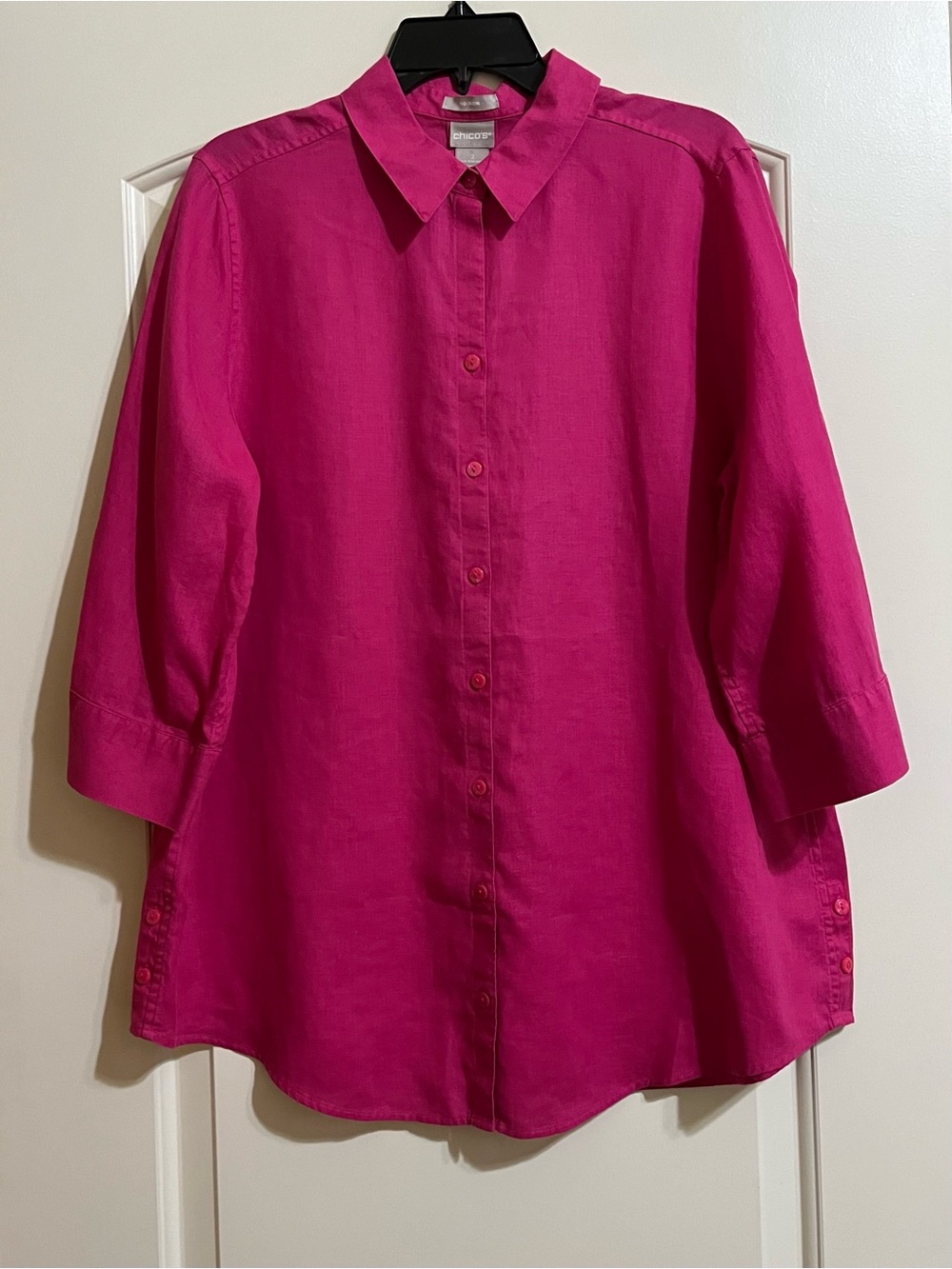 Chico's Bright Fuchsia Pink 100% Linen Button Down Blouse Top 3/4 Sleeves Large